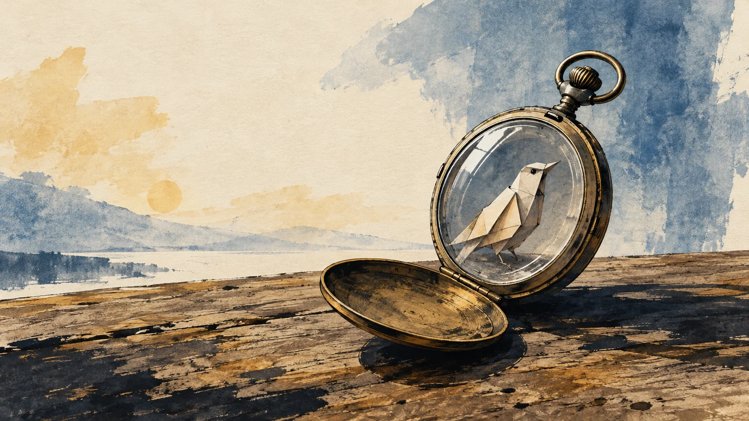 Watercolor illustration of an open pocket watch holding an origami bird inside its glass casing on wood.