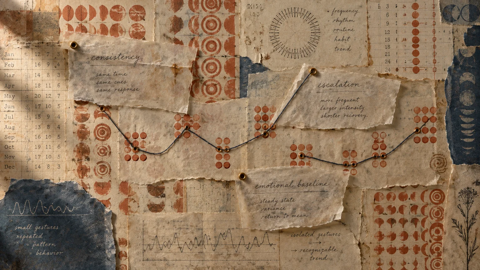 Collage of torn textured papers, geometric rust-colored stamp patterns, handwritten notes, and a black string line graph.