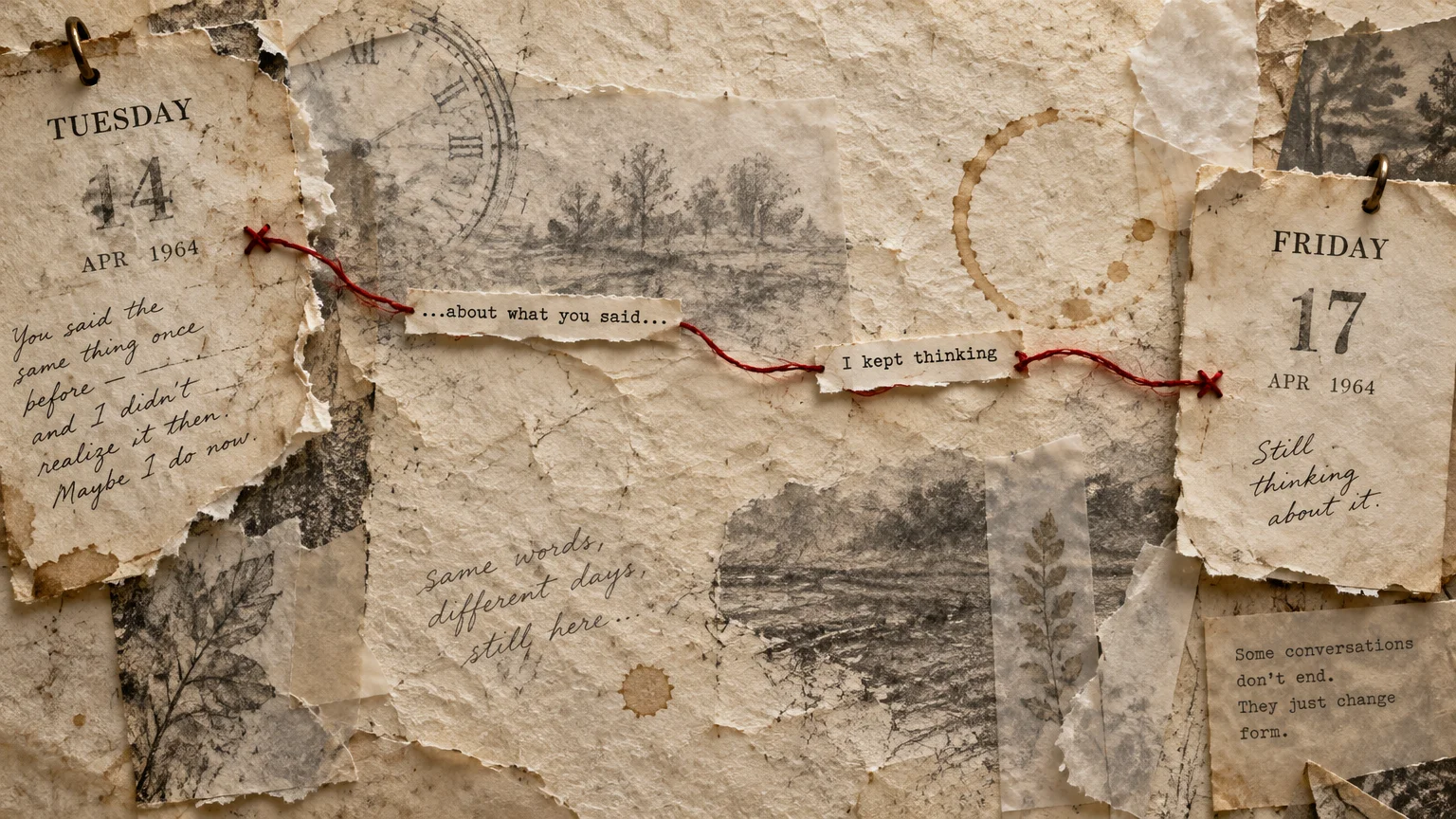 Vintage paper collage with calendar pages connected by red thread across torn notes, a clock sketch, and coffee stains.