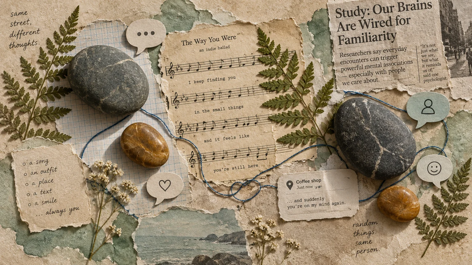Mixed media collage with smooth river pebbles, fern leaves, torn sheet music, newspaper clippings, and speech bubble cutouts.