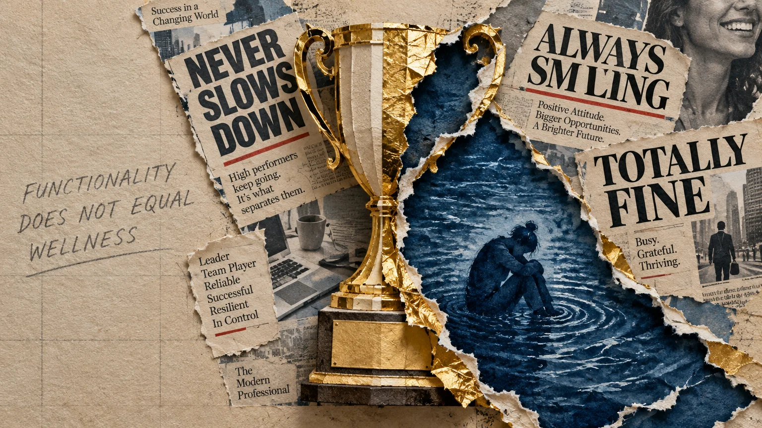 Collage of newspaper headlines and a gold trophy torn open to reveal a person sitting curled up in dark water.