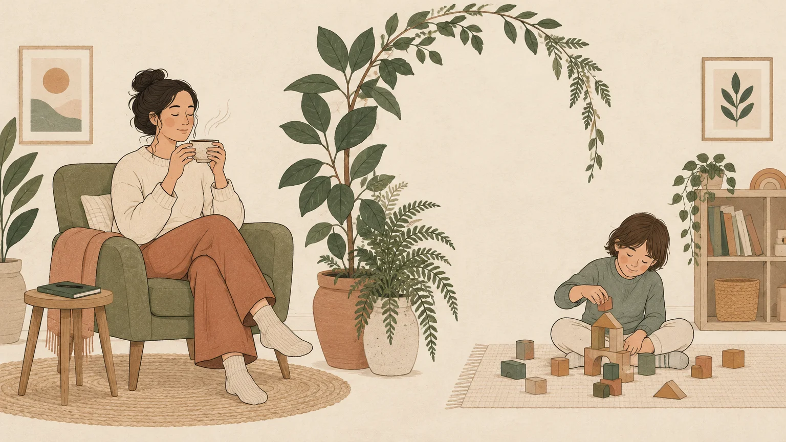Illustration of a woman drinking tea in an armchair while a child plays with blocks on a rug nearby.