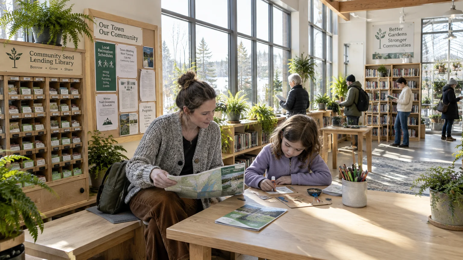 A woman and young girl sit at a wooden table in a sunlit library filled with plants, books, and bulletin boards.