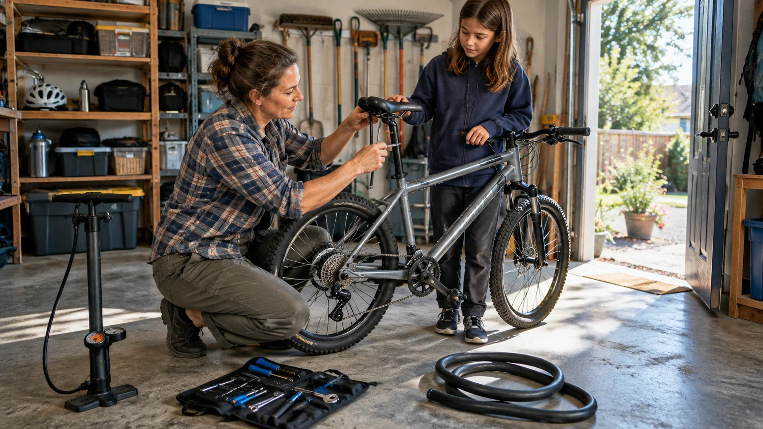 A woman kneels in a garage adjusting a bicycle seat alongside a young girl, with tools on the concrete floor.