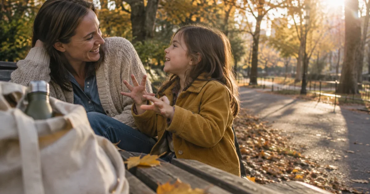 Mother and young daughter smiling and talking together on a park bench covered in autumn leaves in the sunlight.