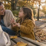 Mother and young daughter smiling and talking together on a park bench covered in autumn leaves in the sunlight.