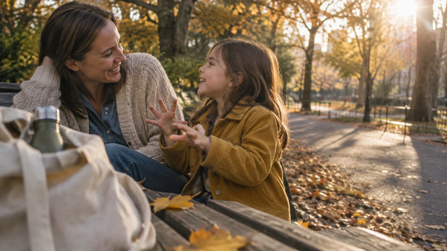 Mother and young daughter smiling and talking together on a park bench covered in autumn leaves in the sunlight.