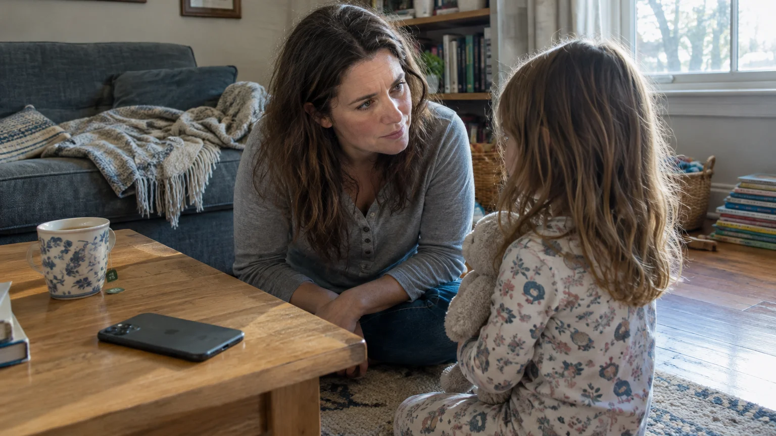 A mother sits on a living room rug, looking attentively at her young daughter who holds a stuffed toy.