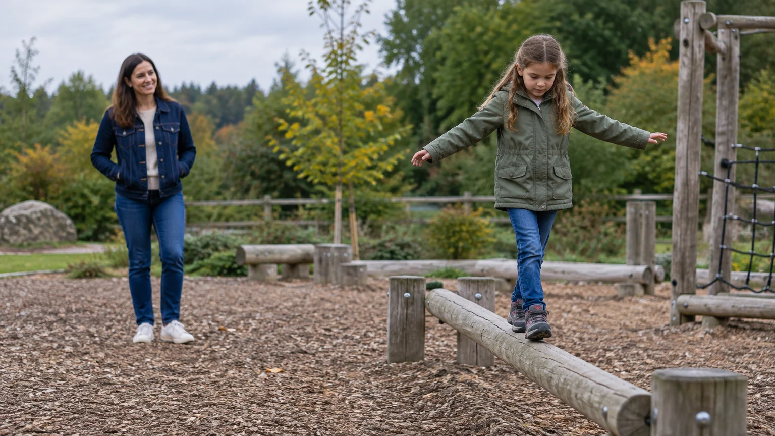 A young girl balances on a wooden log beam at a playground while a woman watches smiling from behind.