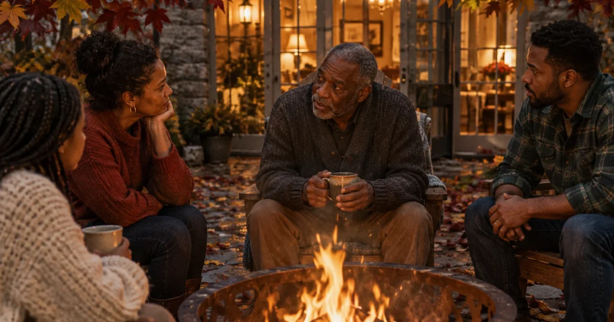 A multigenerational Black family sits in wooden chairs around a glowing outdoor fire pit having a discussion at dusk.
