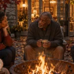 A multigenerational Black family sits in wooden chairs around a glowing outdoor fire pit having a discussion at dusk.