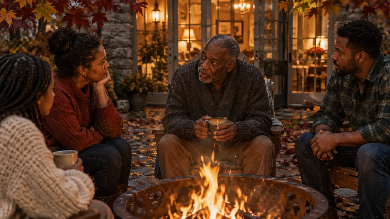 A multigenerational Black family sits in wooden chairs around a glowing outdoor fire pit having a discussion at dusk.