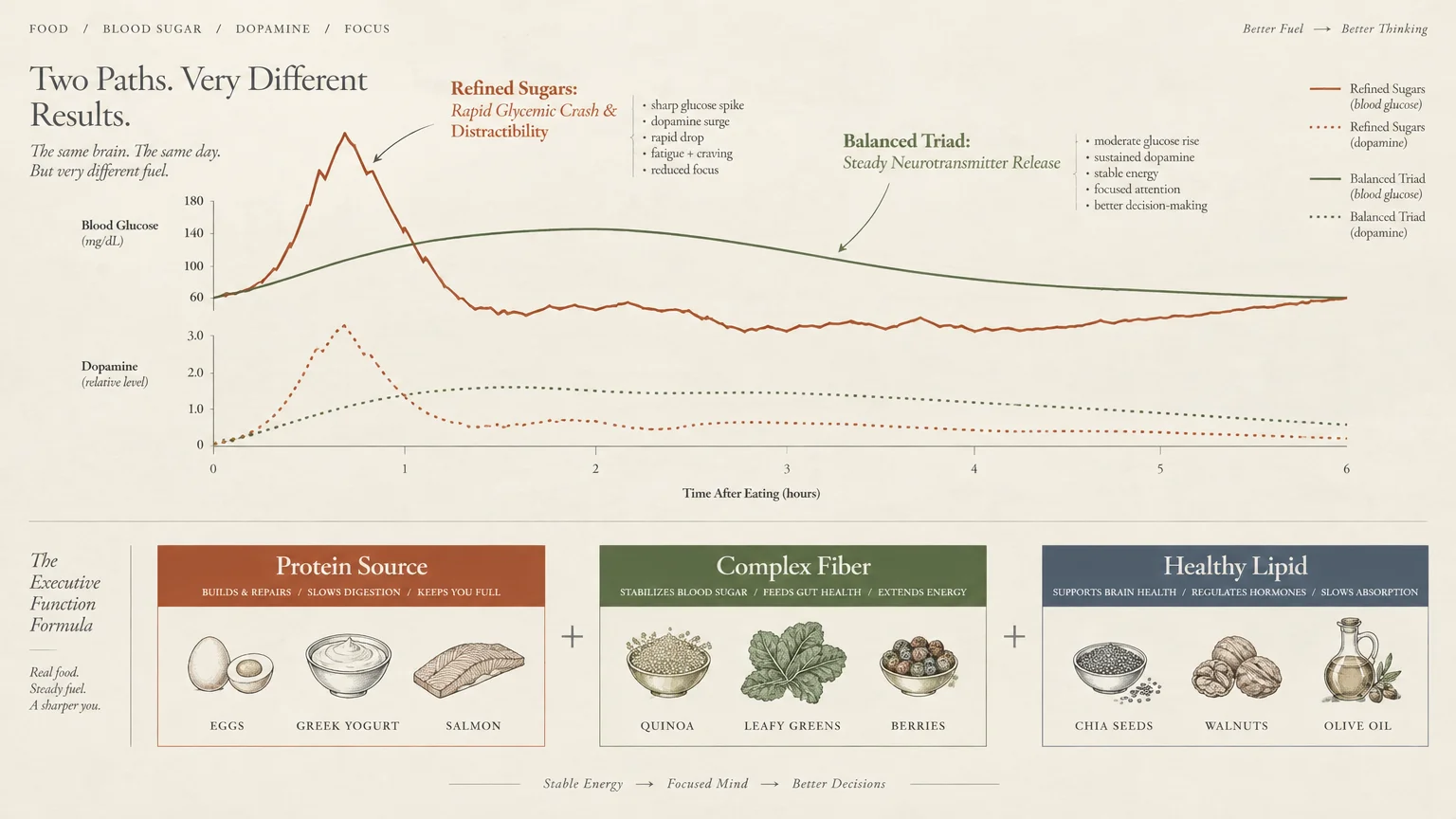 Line graph comparing blood glucose and dopamine curves for refined sugars versus a balanced meal, with food illustrations below.