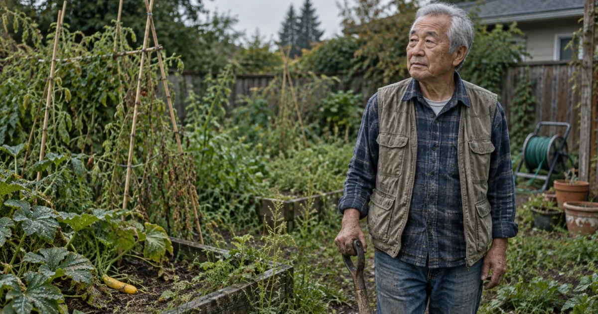 An older man holding a garden spade stands thoughtfully beside raised beds in an overgrown backyard vegetable garden.