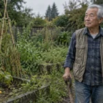 An older man holding a garden spade stands thoughtfully beside raised beds in an overgrown backyard vegetable garden.