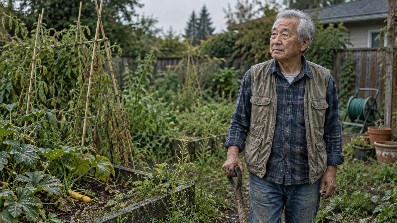 An older man holding a garden spade stands thoughtfully beside raised beds in an overgrown backyard vegetable garden.