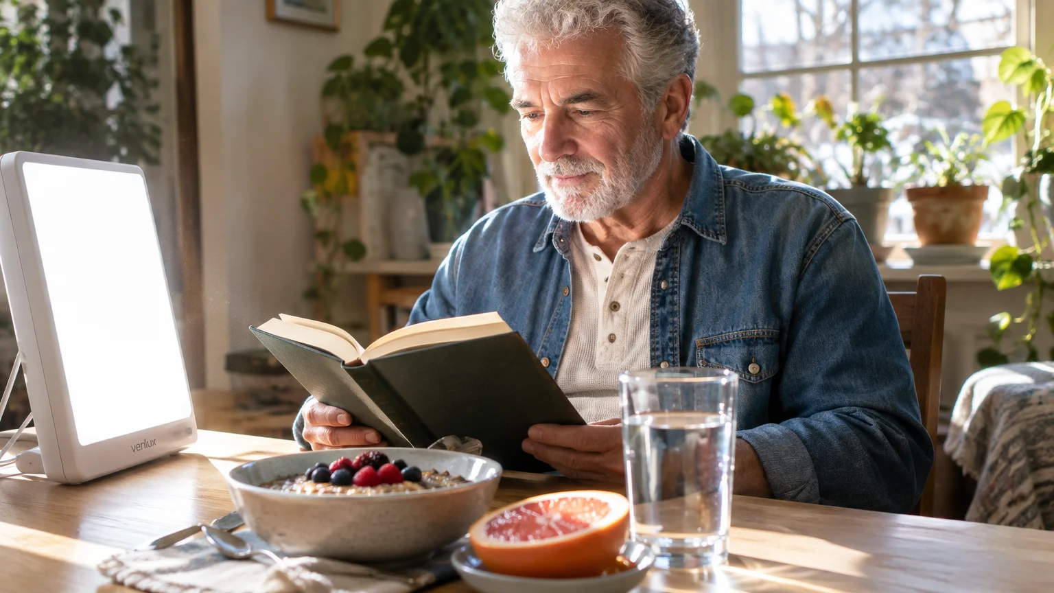 A senior man reads a book at a breakfast table beside a glowing light therapy lamp.
