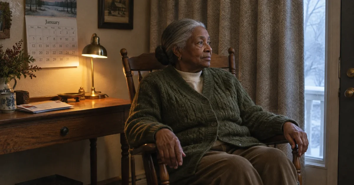 An older woman in a green cardigan sits in a wooden rocking chair by a window looking out at winter snow.