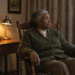 An older woman in a green cardigan sits in a wooden rocking chair by a window looking out at winter snow.