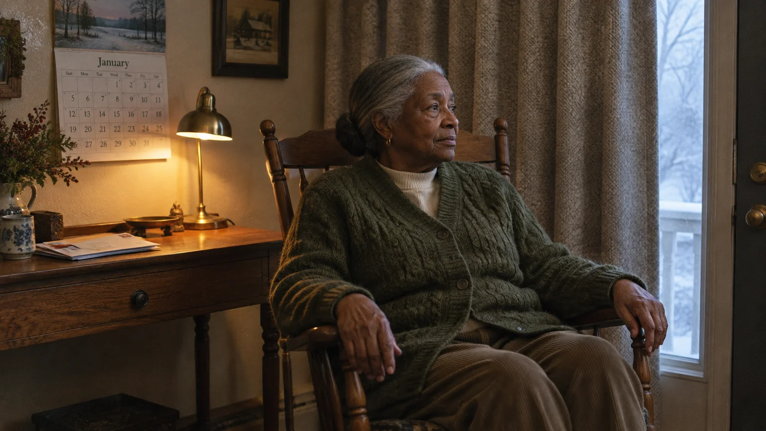 An older woman in a green cardigan sits in a wooden rocking chair by a window looking out at winter snow.