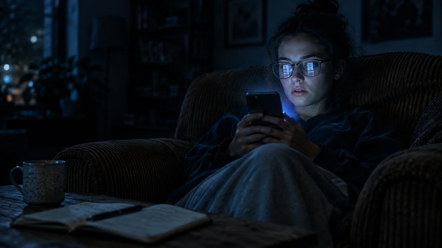 Woman wearing glasses sits in an armchair in a dark room, illuminated by the bright screen of her smartphone.