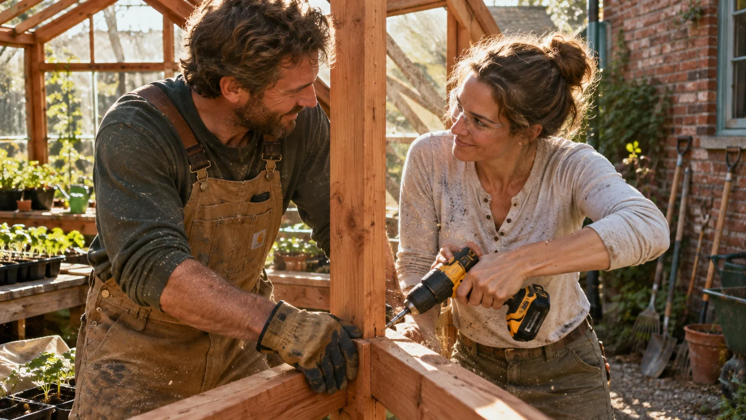 A smiling woman uses a power drill on a wooden frame while a man in work overalls holds the timber steady outdoors.