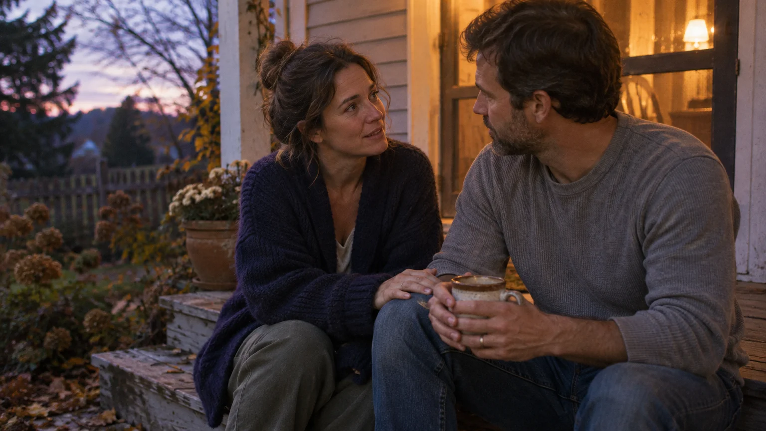 A man and woman sit closely together on a rustic wooden porch at dusk, holding a mug and talking gently.