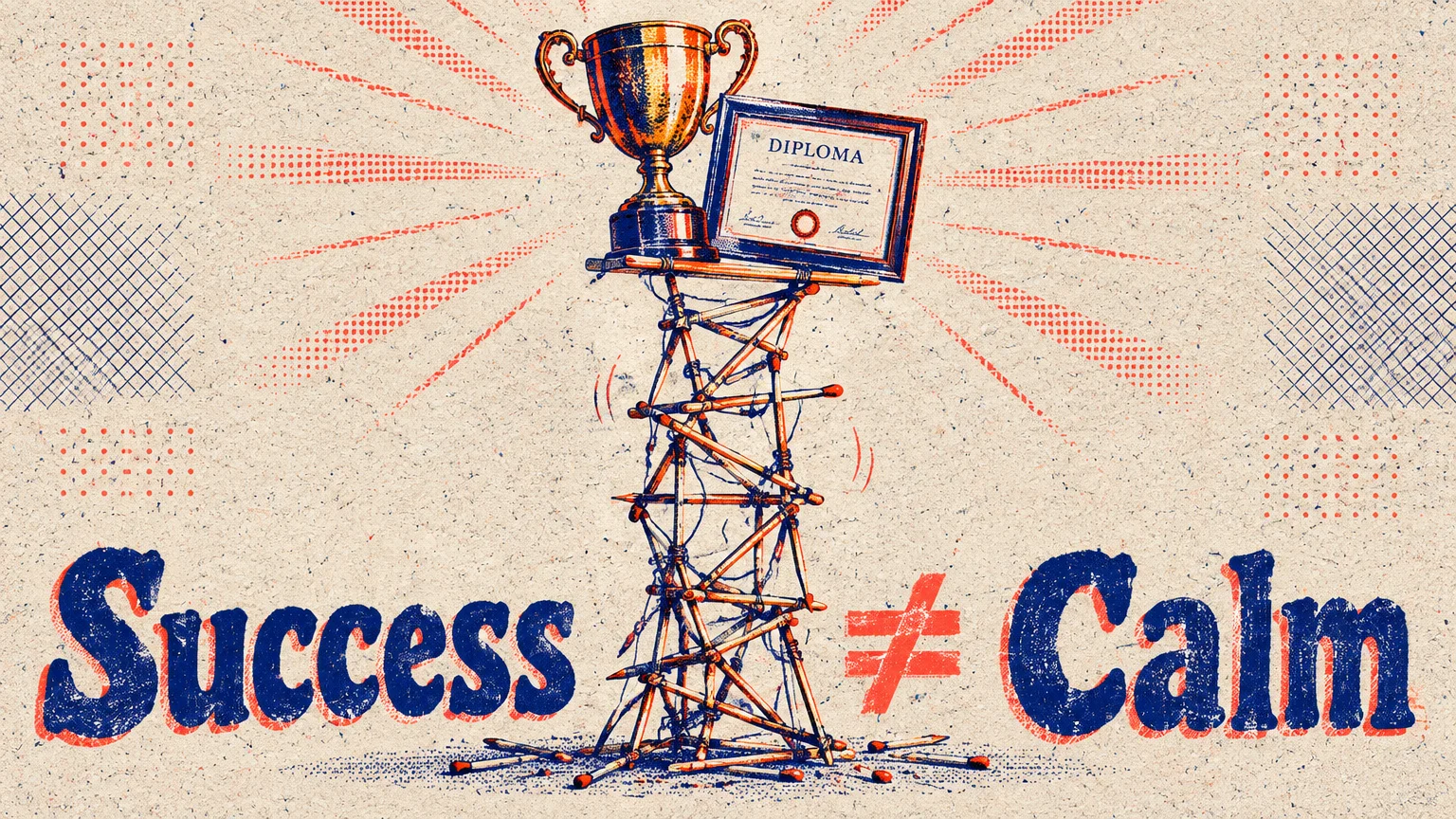 Text reading Success ≠ Calm flanking a trophy and framed diploma balanced precariously on a tall tower of matchsticks.
