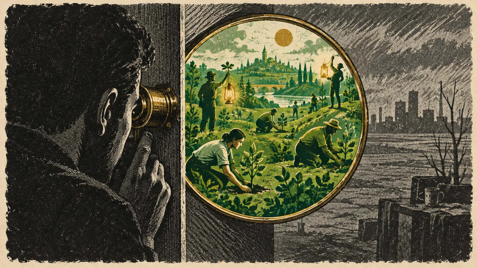 A man peers through a door peephole into a lush landscape where people plant saplings, beside a desolate, dreary room.