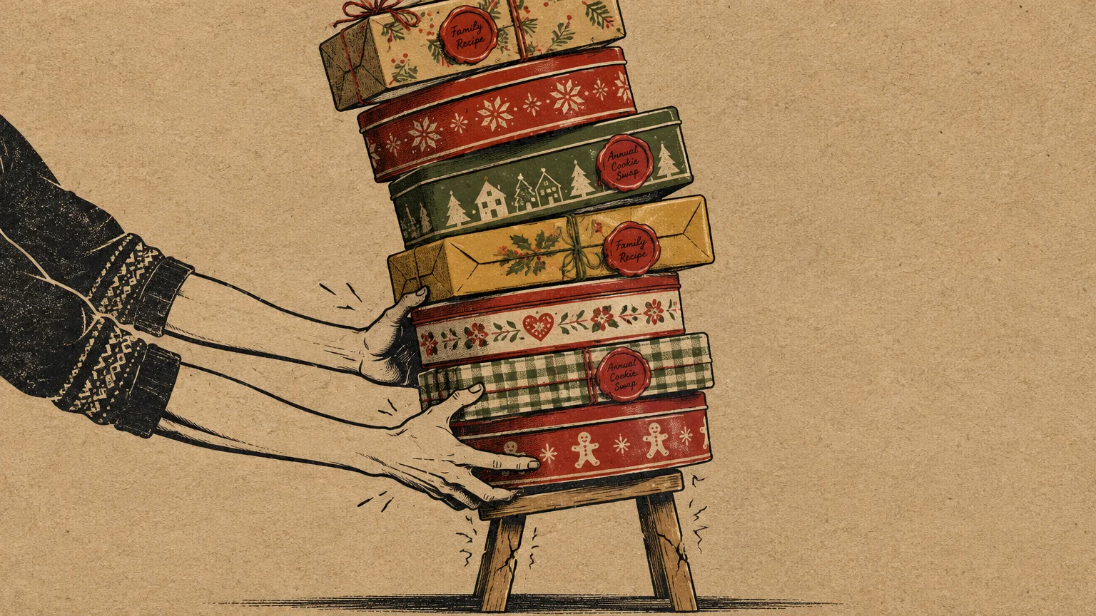Illustration of hands trying to steady a tall, precarious stack of holiday cookie tins on a cracking stool.
