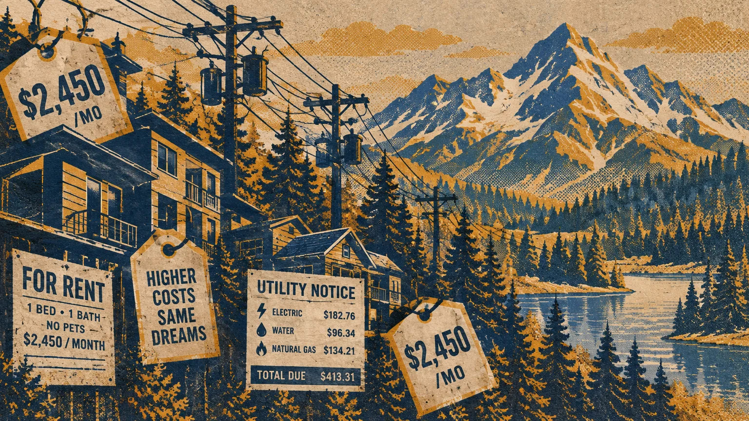 Illustration of houses and mountain scenery overlaid with expensive rent tags and utility notices.