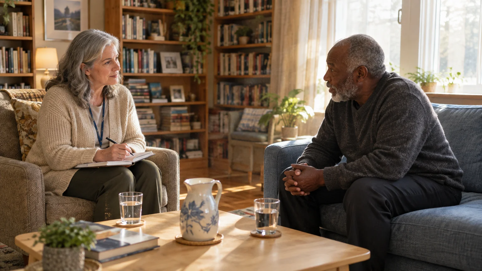 A female therapist with a notebook listens attentively to a senior Black man sitting on a couch in a cozy office.