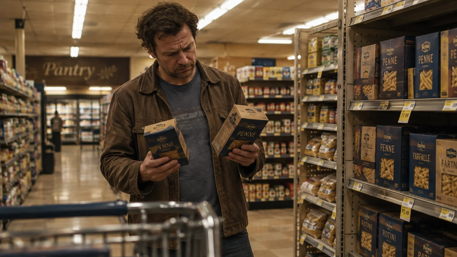 A man in a brown jacket looks indecisively at two boxes of penne pasta in a grocery store aisle.