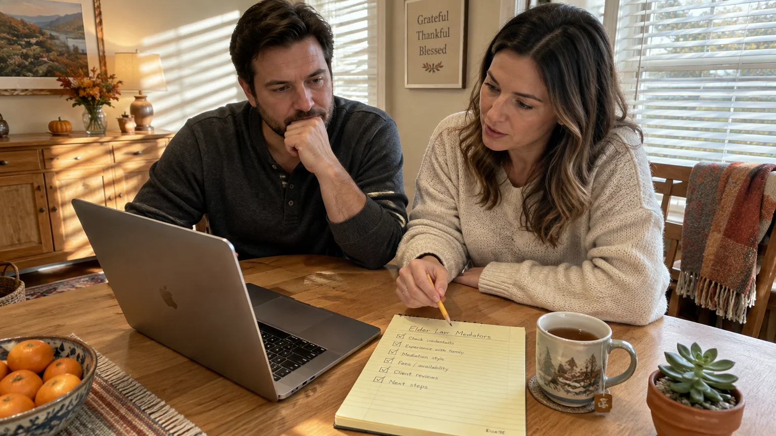 A man and woman sit at a dining table looking at a laptop beside a handwritten checklist for elder law mediators.