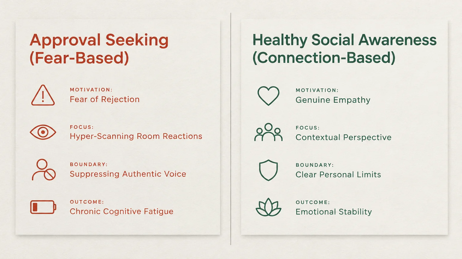 Comparison graphic contrasting fear-based approval seeking with connection-based healthy social awareness.