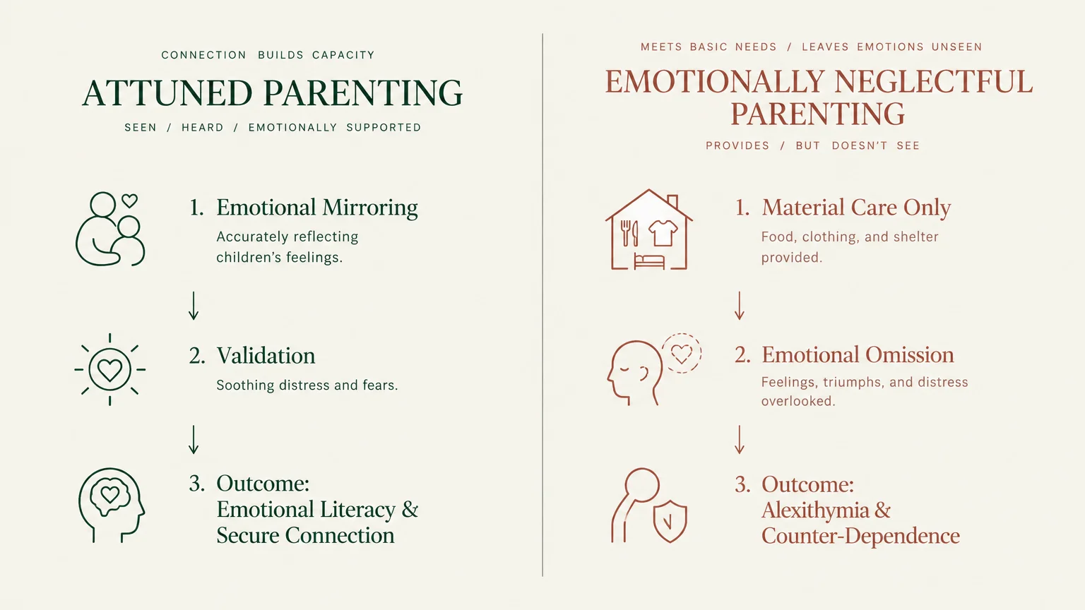 Diagram contrasting attuned parenting and emotionally neglectful parenting across three stages from caregiving to adult outcome.