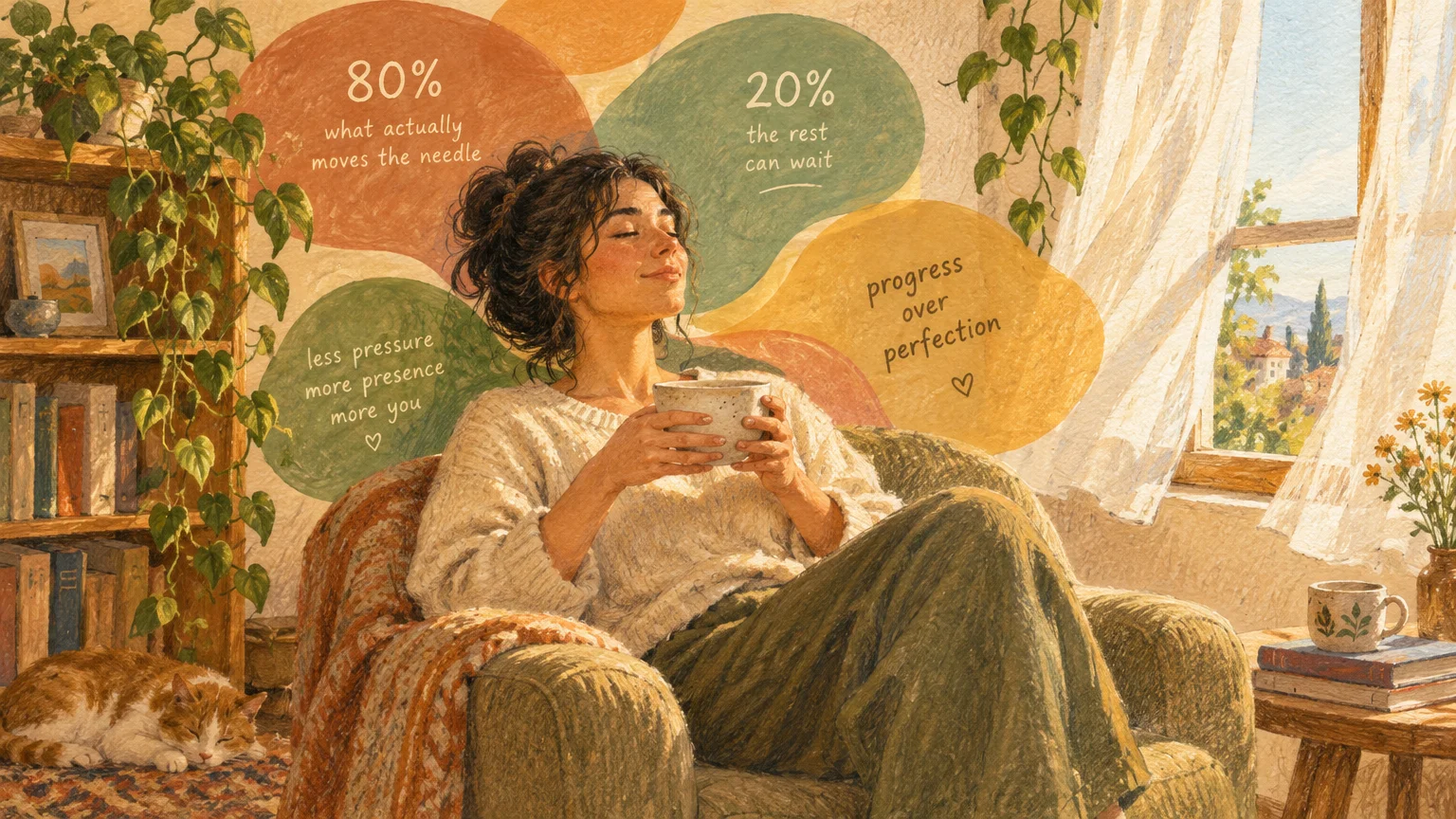 Illustration of a woman relaxing in an armchair with tea near a sunlit window, surrounded by gentle text bubbles.