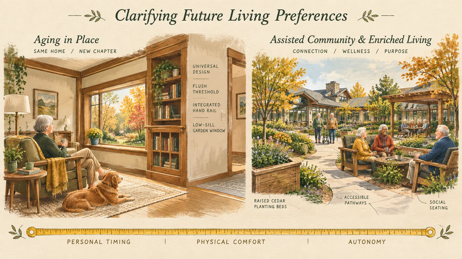 Split illustration showing an aging-in-place home interior beside an accessible assisted living garden and patio.