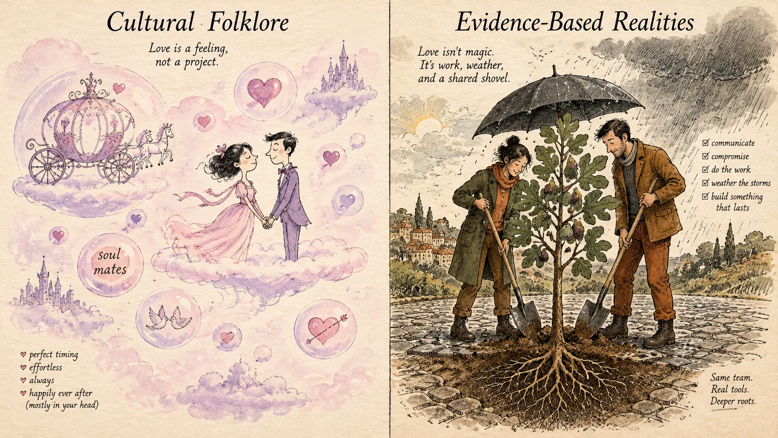 Split illustration contrasting a fairy tale romance in pink clouds with a couple planting a tree under an umbrella in rain.