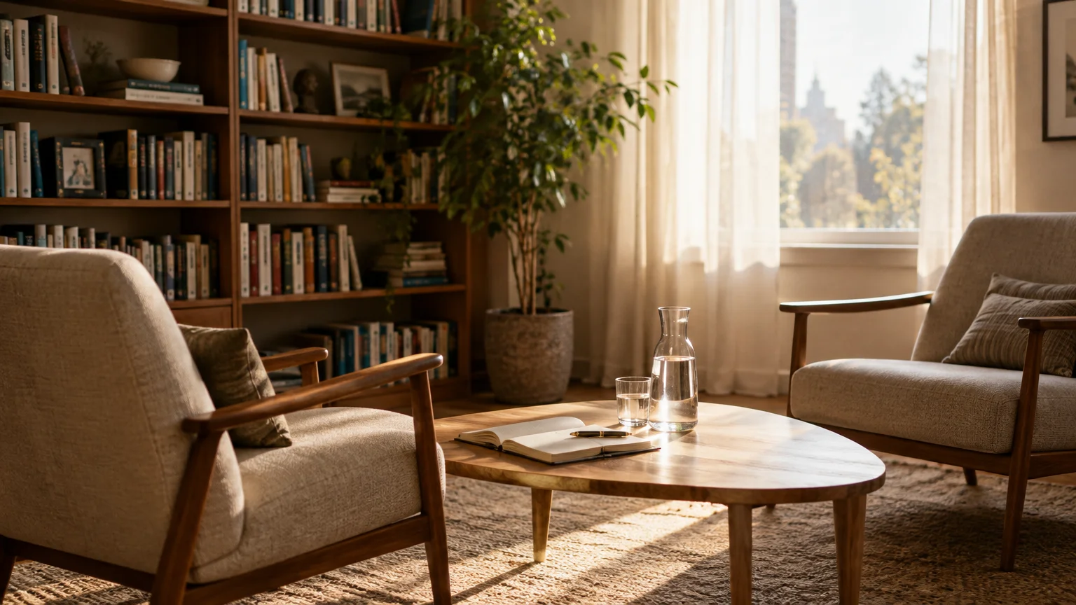 Sunlit therapy office featuring two armchairs facing a low wooden coffee table with a water carafe, notebook, and bookshelf.
