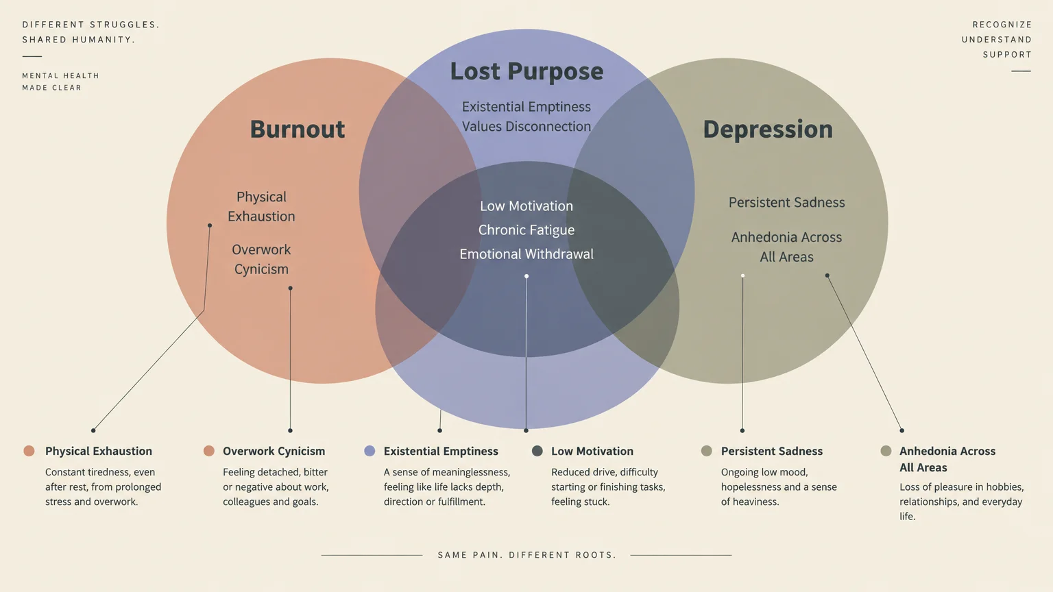 A Venn diagram comparing symptoms of burnout, lost purpose, and depression, highlighting shared and distinct traits.