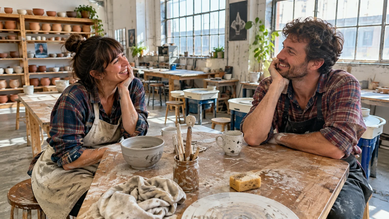 A smiling man and woman wearing aprons rest their chins in their hands across a messy pottery studio table.