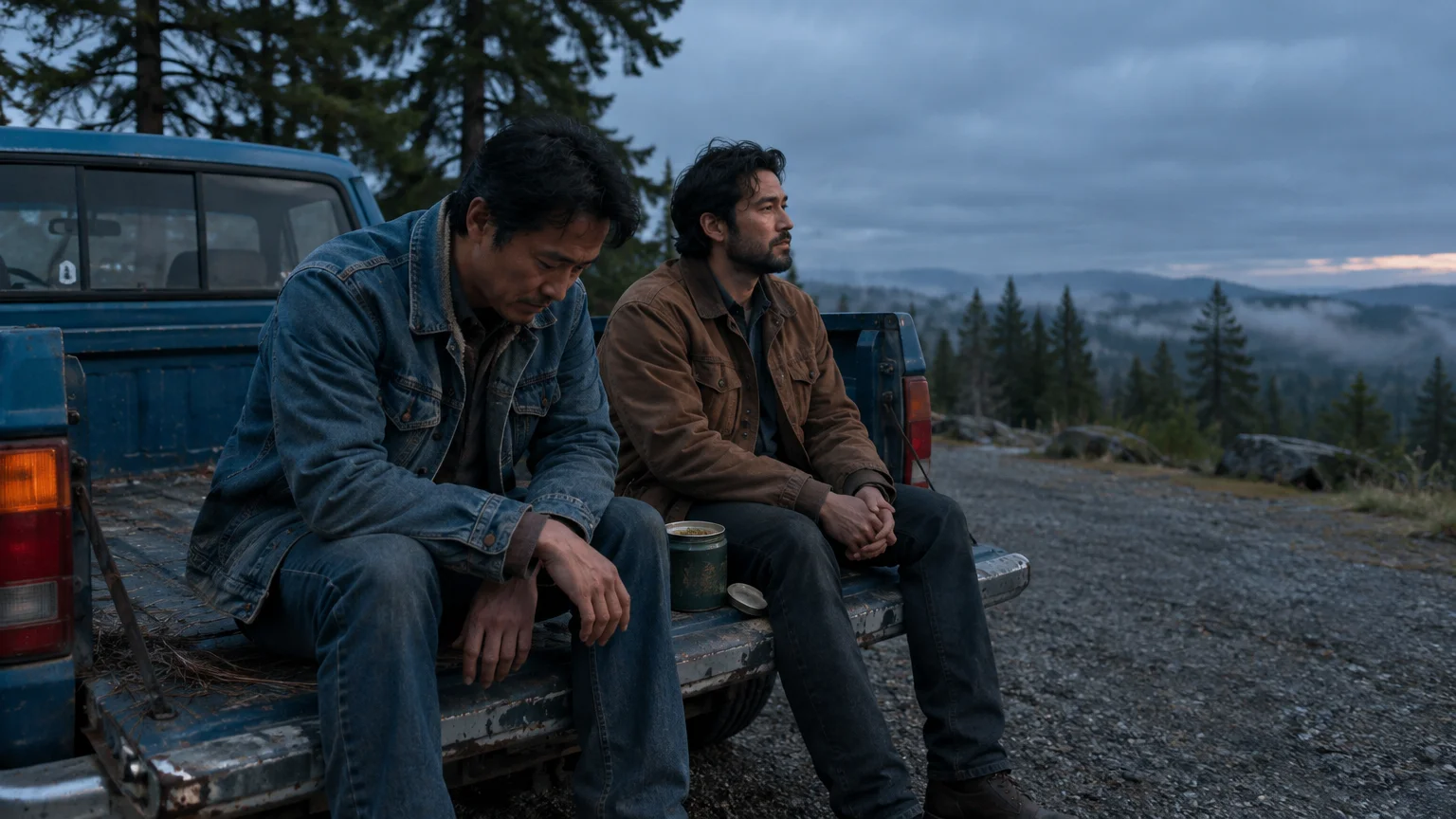 Two men sit quietly on the open tailgate of a blue pickup truck overlooking a misty, forested mountain valley.