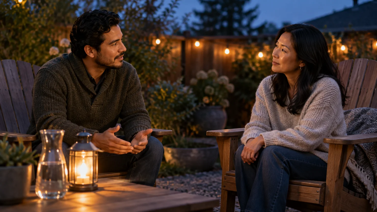 A man and woman converse in wooden outdoor chairs on a patio at dusk, illuminated by string lights and a candle lantern.