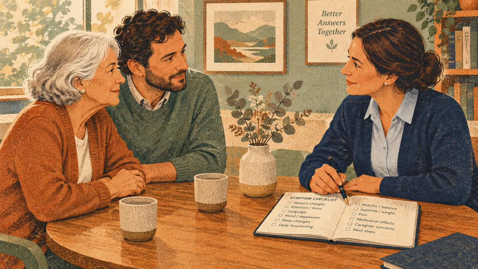 Illustration of an older woman and a man sitting at a table discussing a symptom checklist with a specialist.