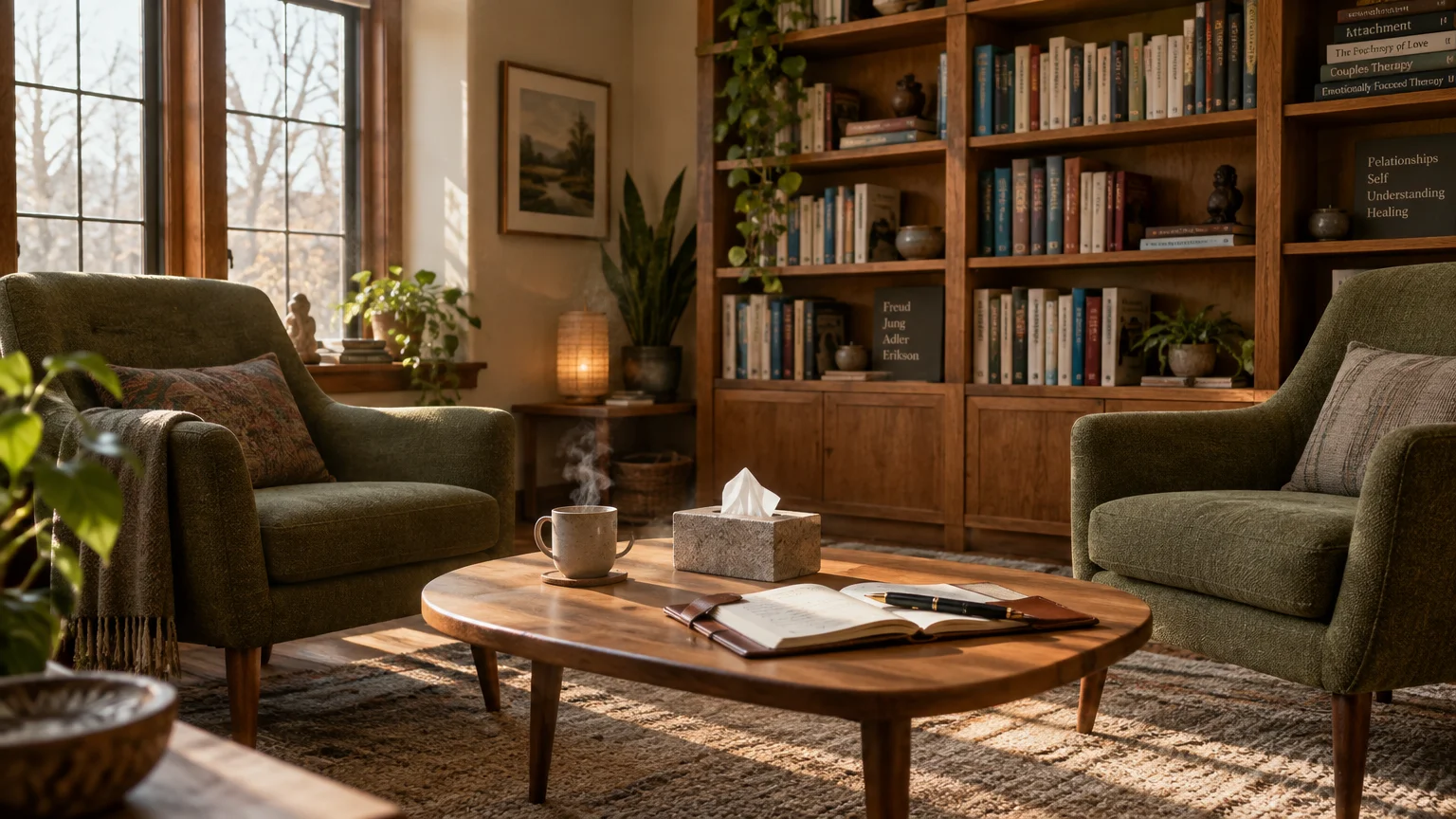 Warm therapist office with two green armchairs facing a coffee table with tea, tissues, and a journal near bookshelves.