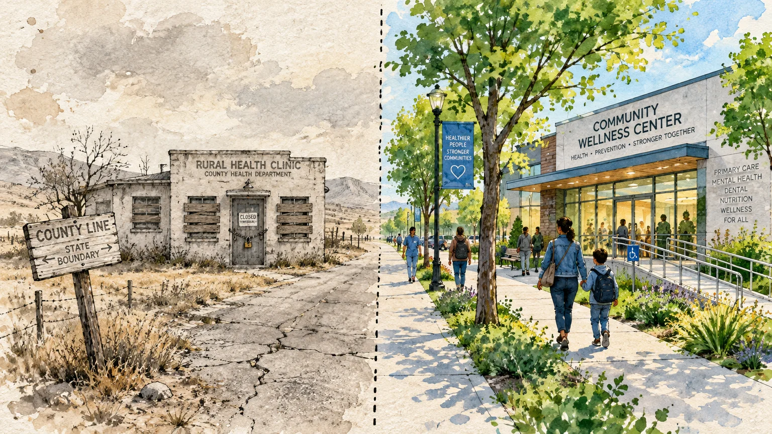 Split illustration contrasting an abandoned rural clinic on barren land with a modern, active community wellness center.