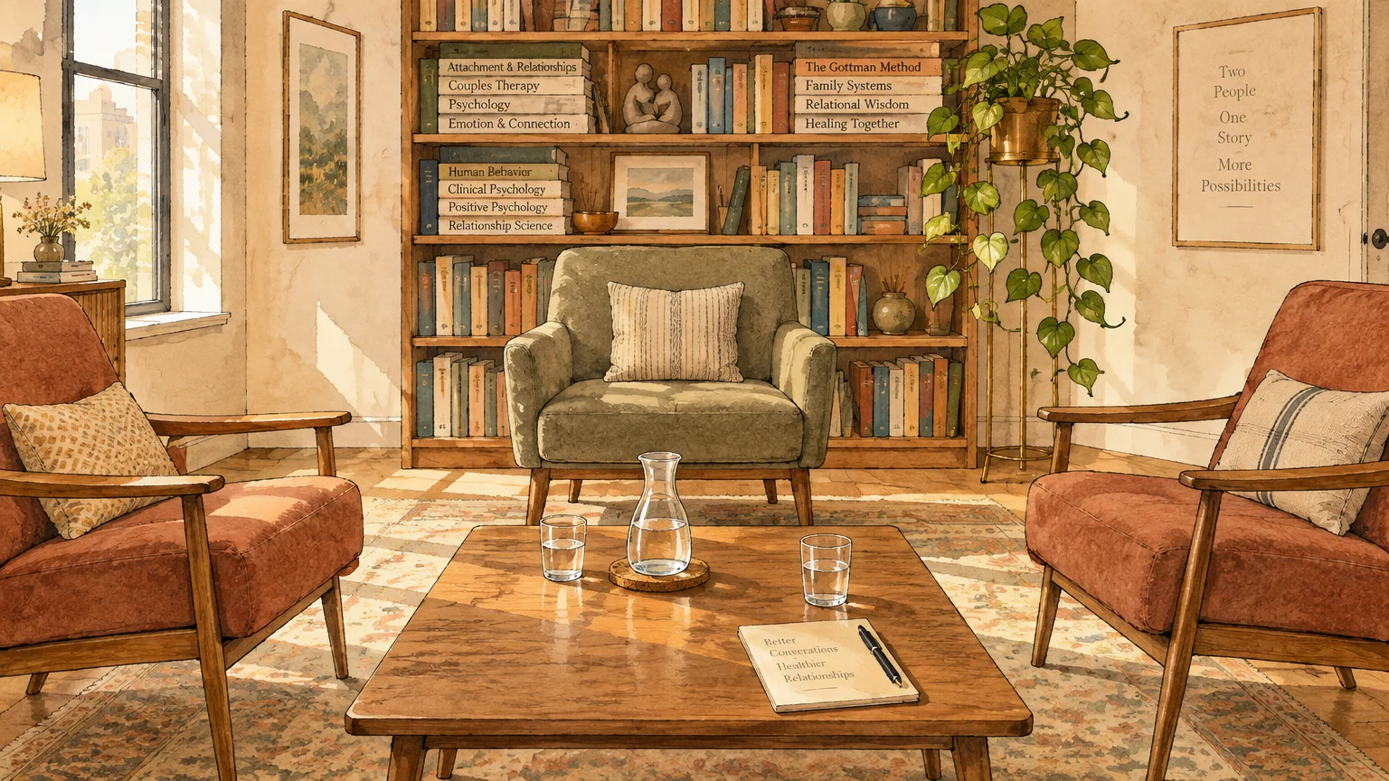 Illustration of a cozy therapy office with armchairs, a coffee table with glasses of water, and filled bookshelves.