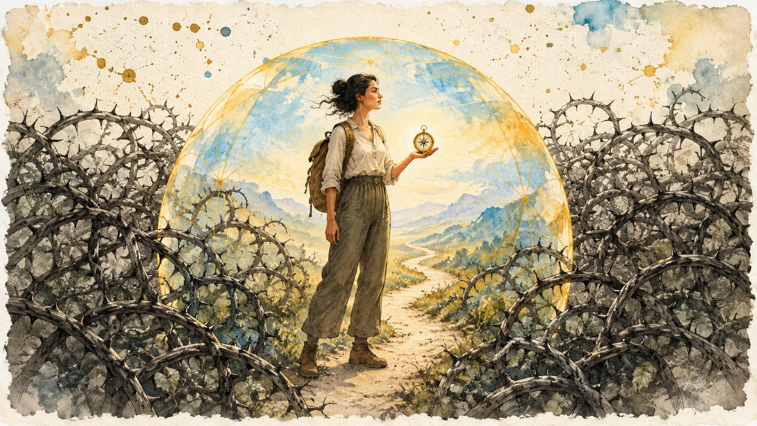 Illustration of a woman holding a compass inside a glowing protective bubble surrounded by dense briars and thorns.