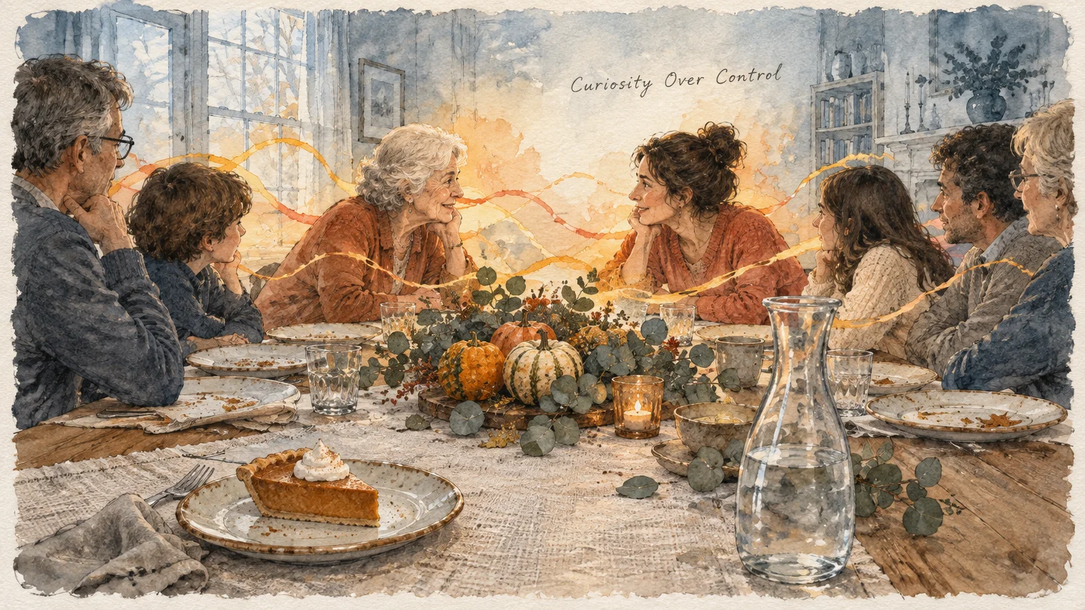 Multigenerational family seated around a holiday dining table with pumpkins, pie, and glowing conversational ribbons.